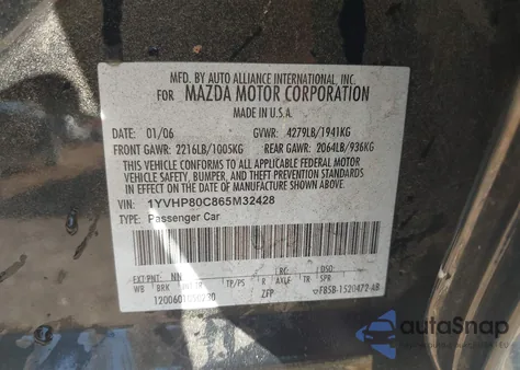 2006 Mazda Mazda6 I Sport z USA, uszkodzony, nr VIN 1YVHP80C865M32428